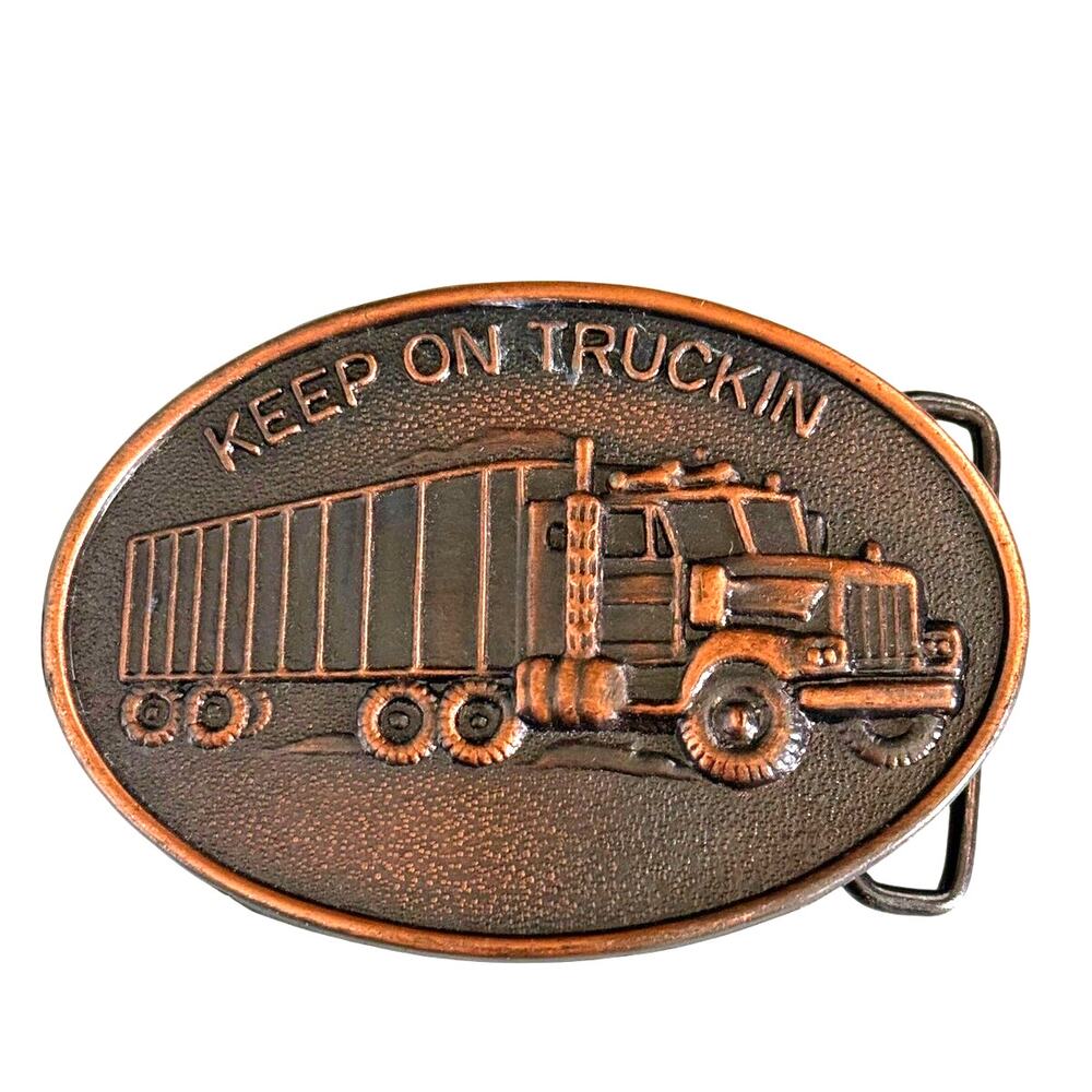 Vintage Keep On Truckin Semi Truck Belt Buckle Hong Kong Copper Tone Trucker